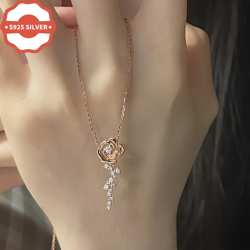 Women's 925 Silver Vintage Rose Flower Necklace